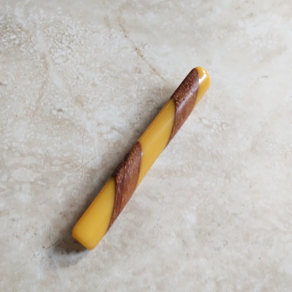 Vintage Candy Stripe Yellow & Wood Bakelite Lucite Long Pin Brooch